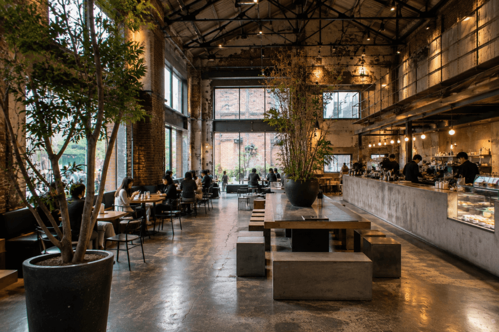 Spacious renovated warehouse cafe in Seongsu-dong with exposed brick, concrete floors, plants, and warm lighting