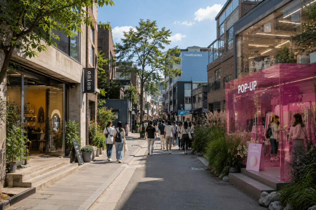 Dongdaemun fashion market in Seoul with clothing racks, fabric rolls, accessories and shoppers