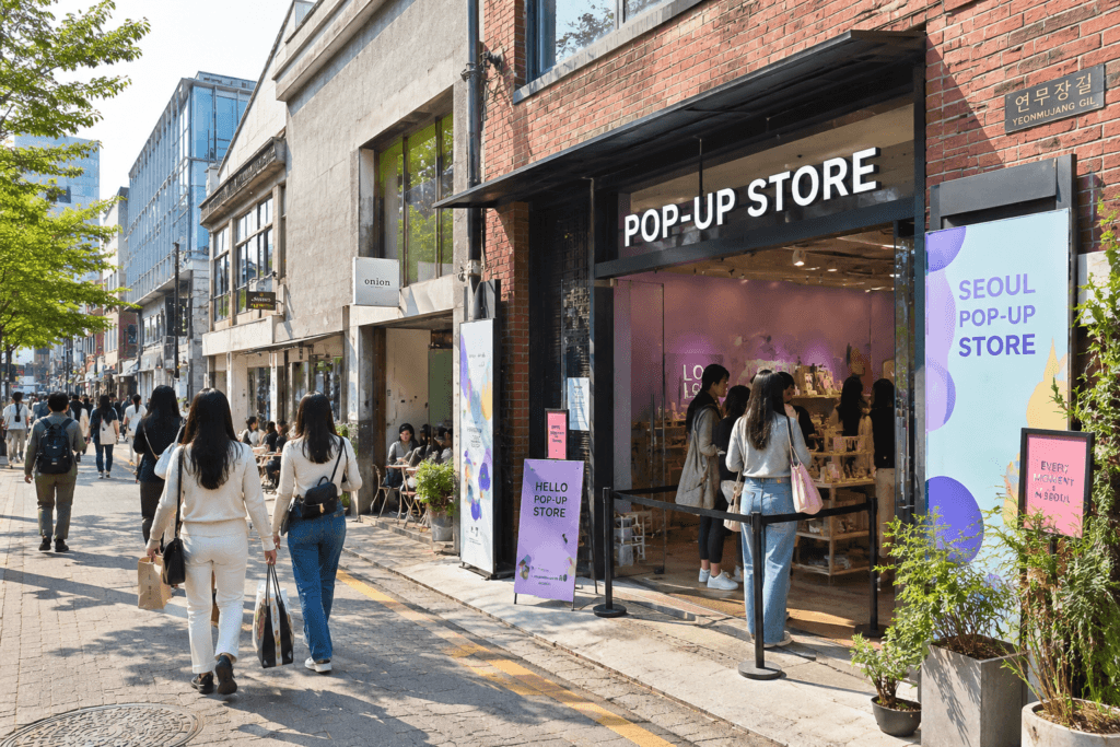 Trendy pop-up store street in Seongsu-dong Seoul with brick buildings, shoppers, cafes and people waiting outside a pop-up store