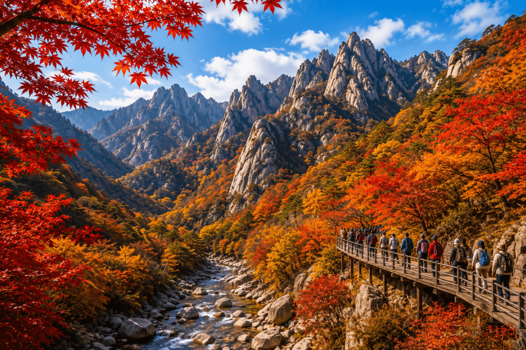 Seoraksan National Park in Autumn Hikers enjoying peak autumn foliage in Seoraksan National Park