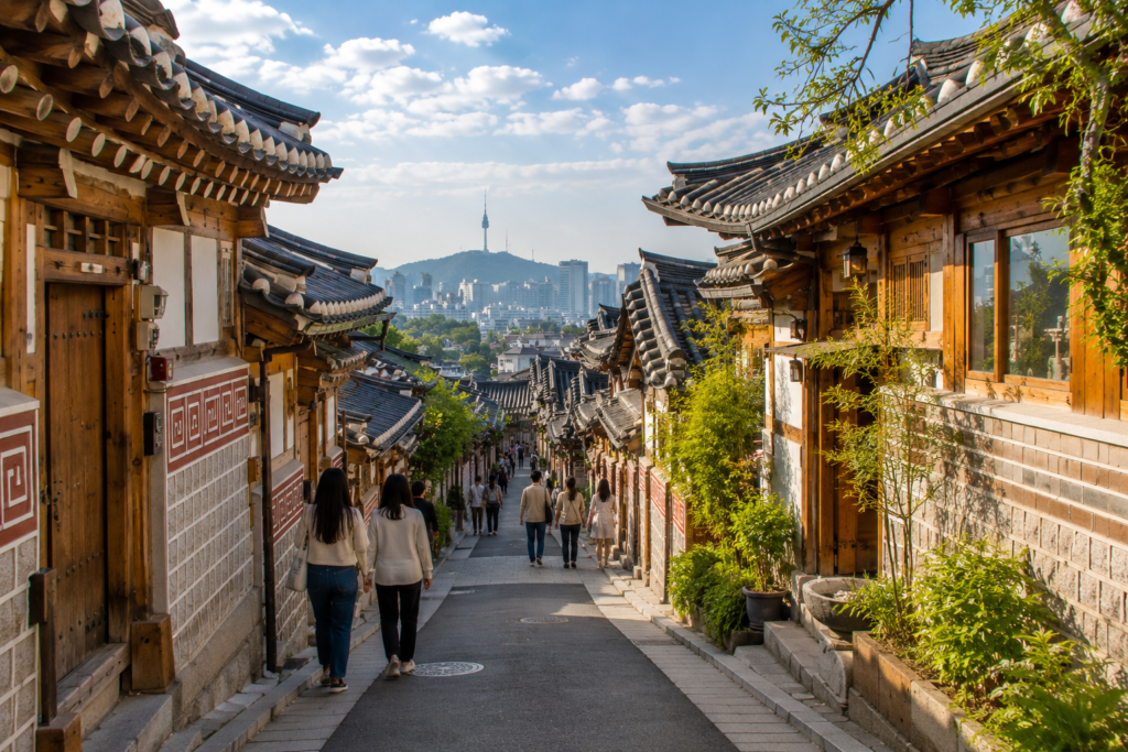 Bukchon Hanok Village alley in Seoul with traditional rooftops, wooden houses, city views, and relaxed pedestrians
