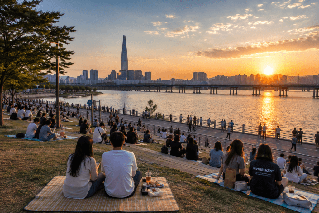 Han River sunset in Seoul with people relaxing on picnic mats, skyline views, bridge, and warm evening light
