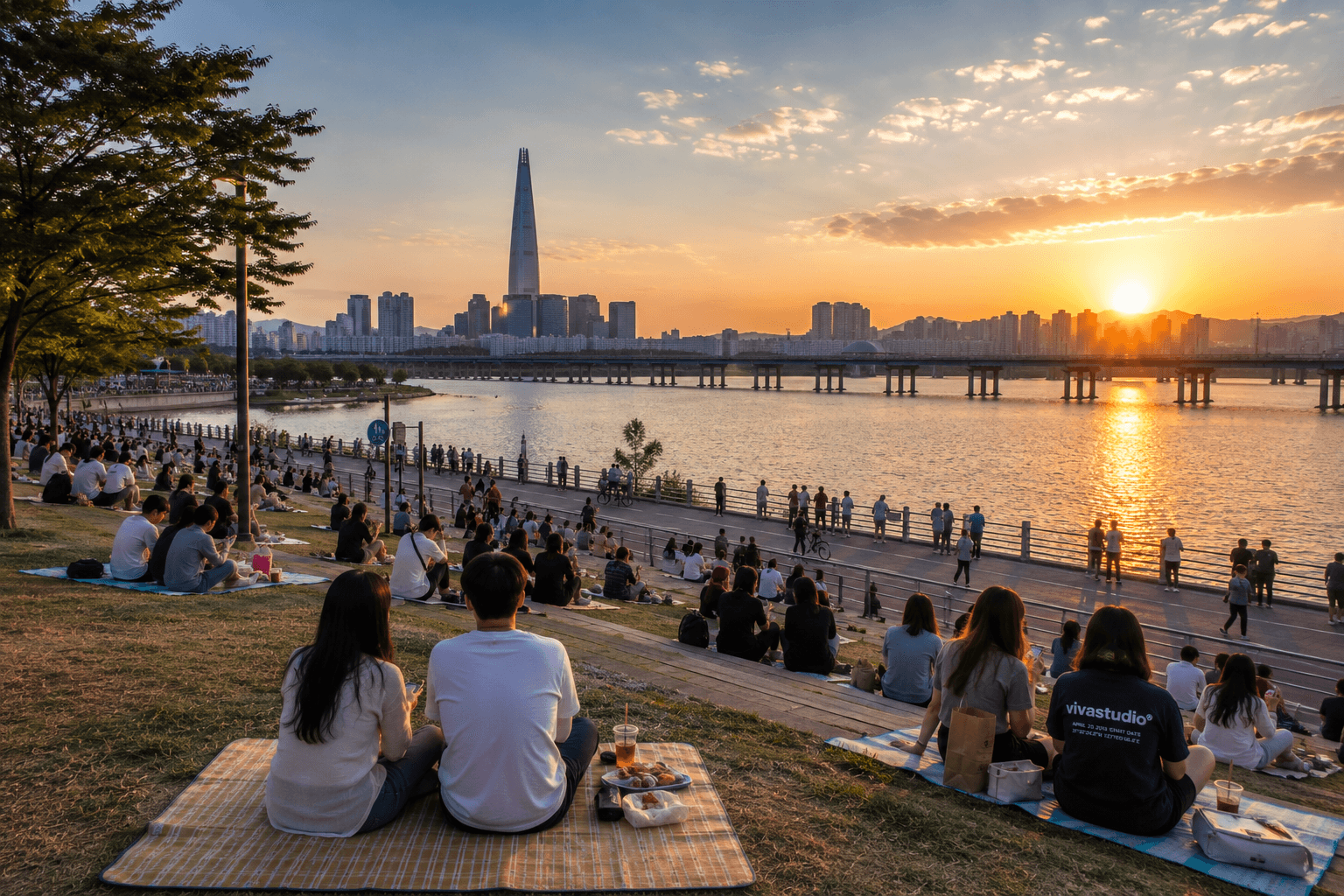 Han River sunset in Seoul with people relaxing on picnic mats, skyline views, bridge, and warm evening light