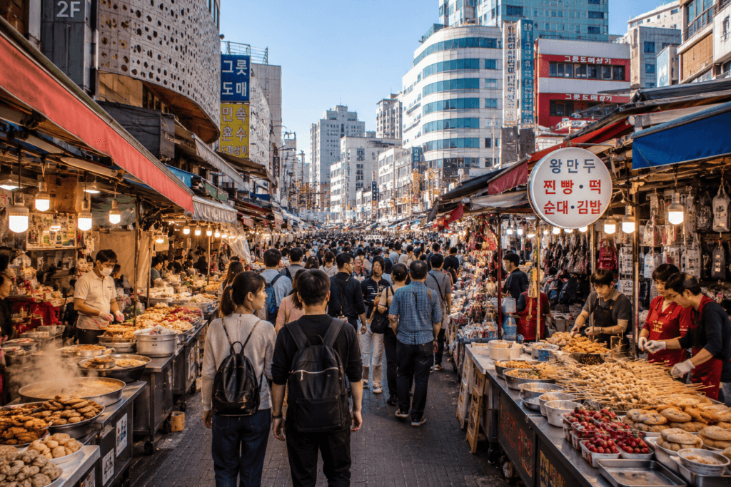 Busy Seoul market street with food stalls, shoppers, street snacks, and lively local atmosphere
