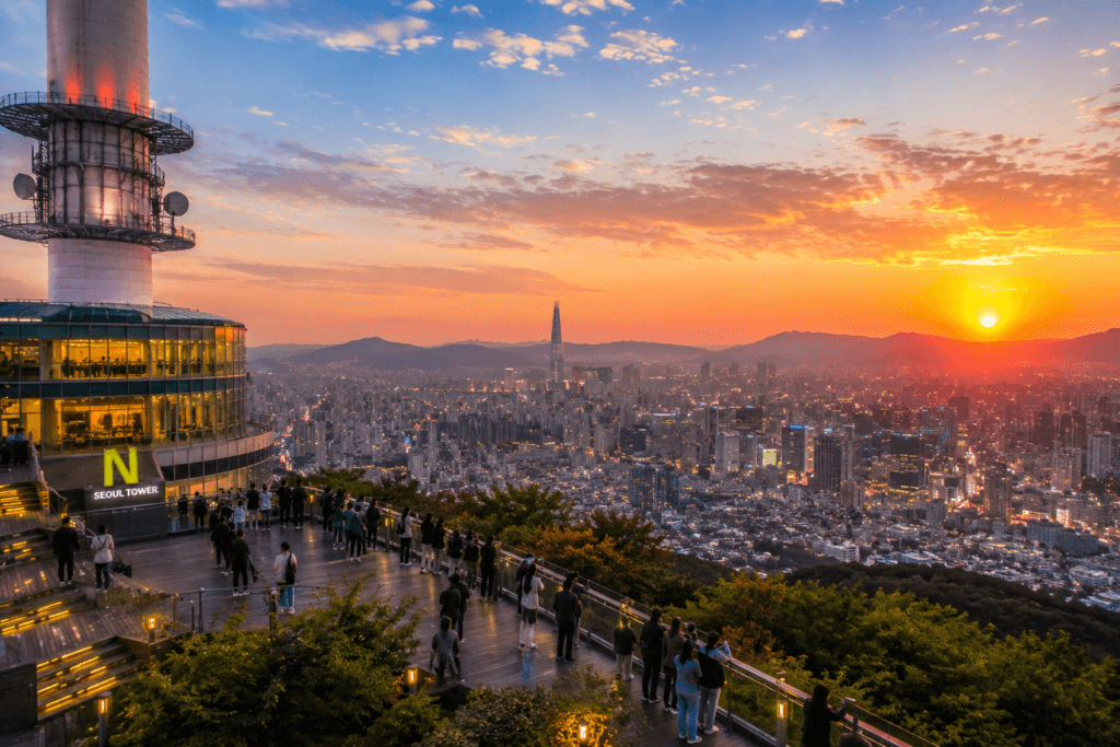 Sunset view from N Seoul Tower with Seoul skyline, city lights, mountains, and visitors on the observation deck
