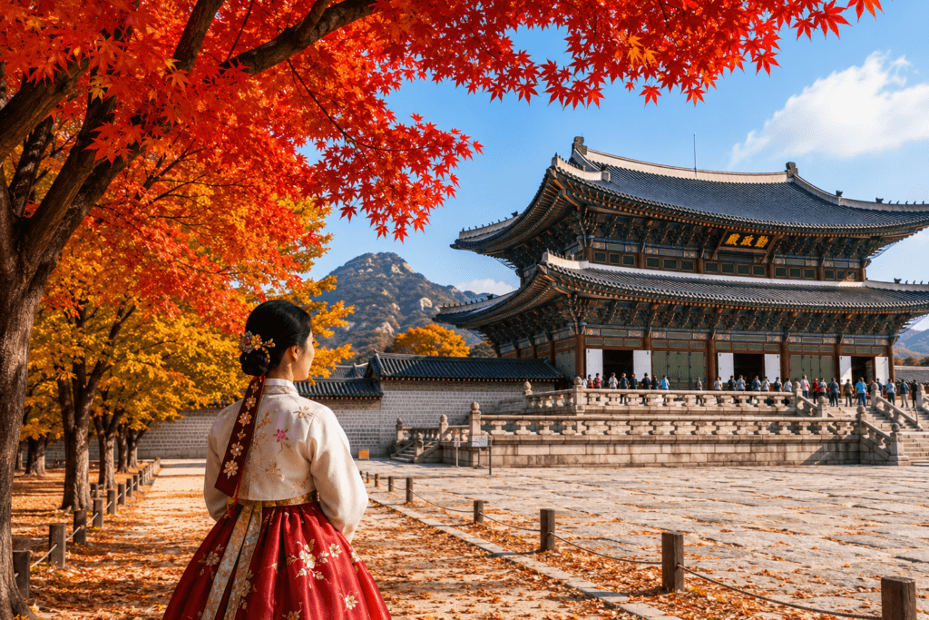 Autumn Colors in Seoul Gyeongbokgung Palace surrounded by colorful autumn foliage in Seoul
