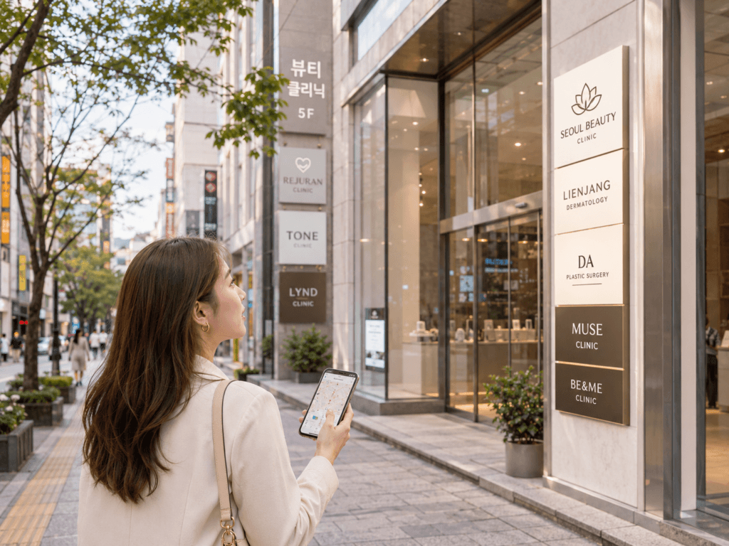 Seoul Beauty Clinic Area Traveler looking for a beauty clinic in Seoul with clinic signs and a phone map