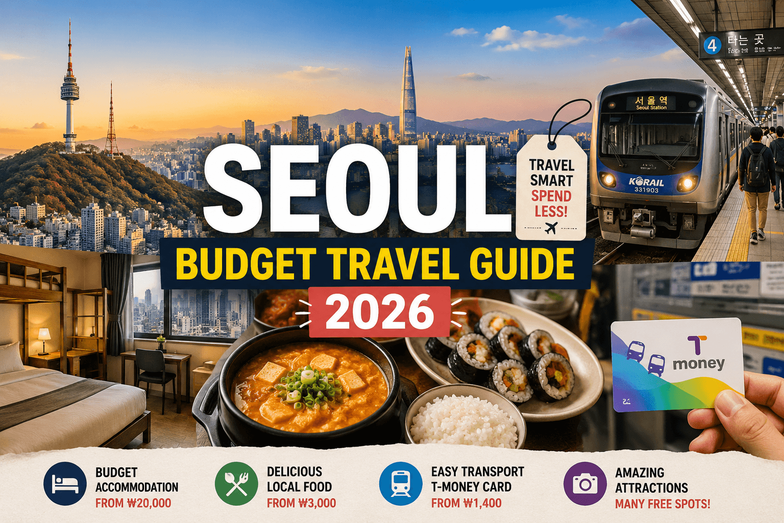 Seoul Budget Travel Guide 2026 featuring affordable transportation food and accommodation
