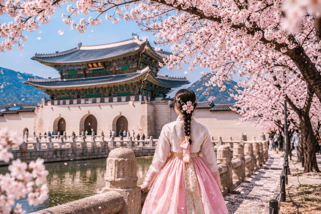 Cherry blossoms surrounding Gyeongbokgung Palace in Seoul during spring