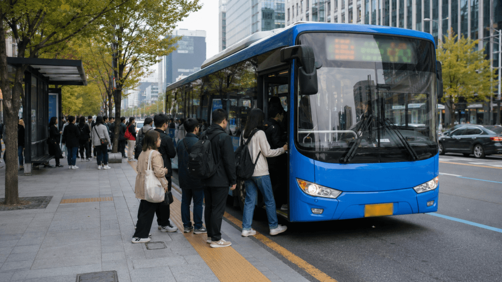Passengers boarding a modern Seoul city bus at an urban bus stop
