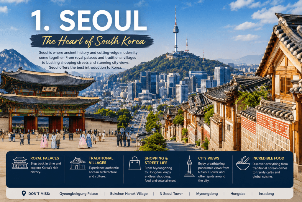 Gyeongbokgung Palace Bukchon Hanok Village and Seoul skyline