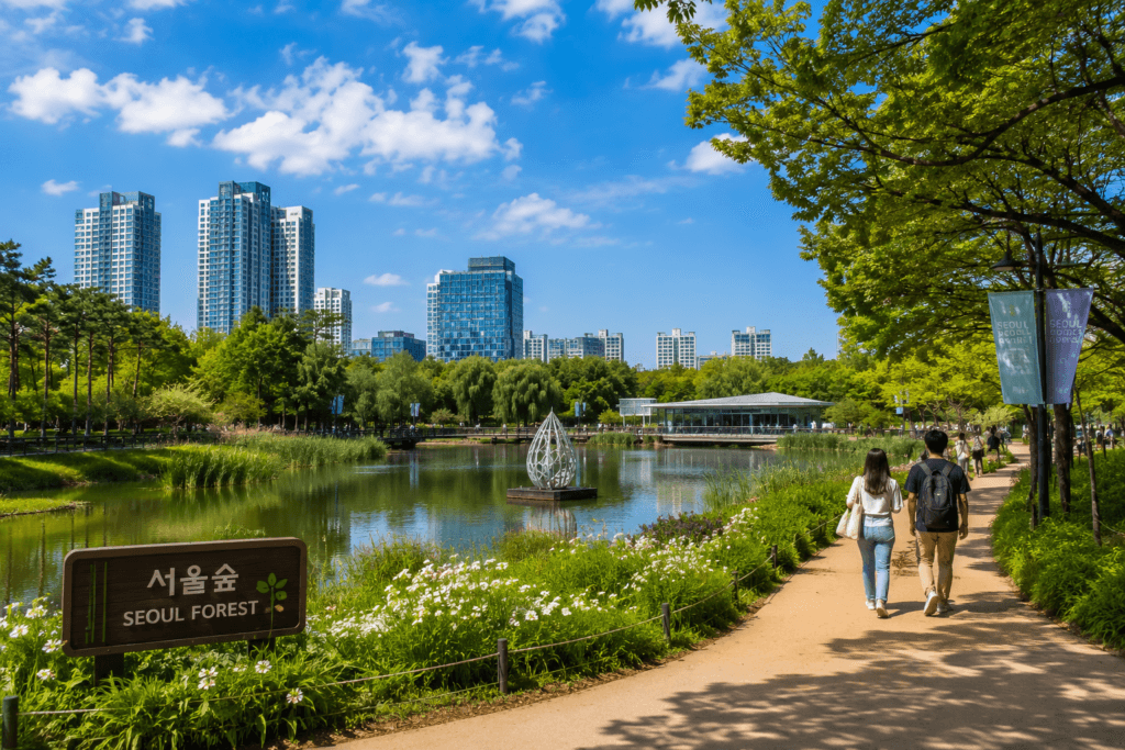 Seoul Forest park with walking paths lake and modern city skyline