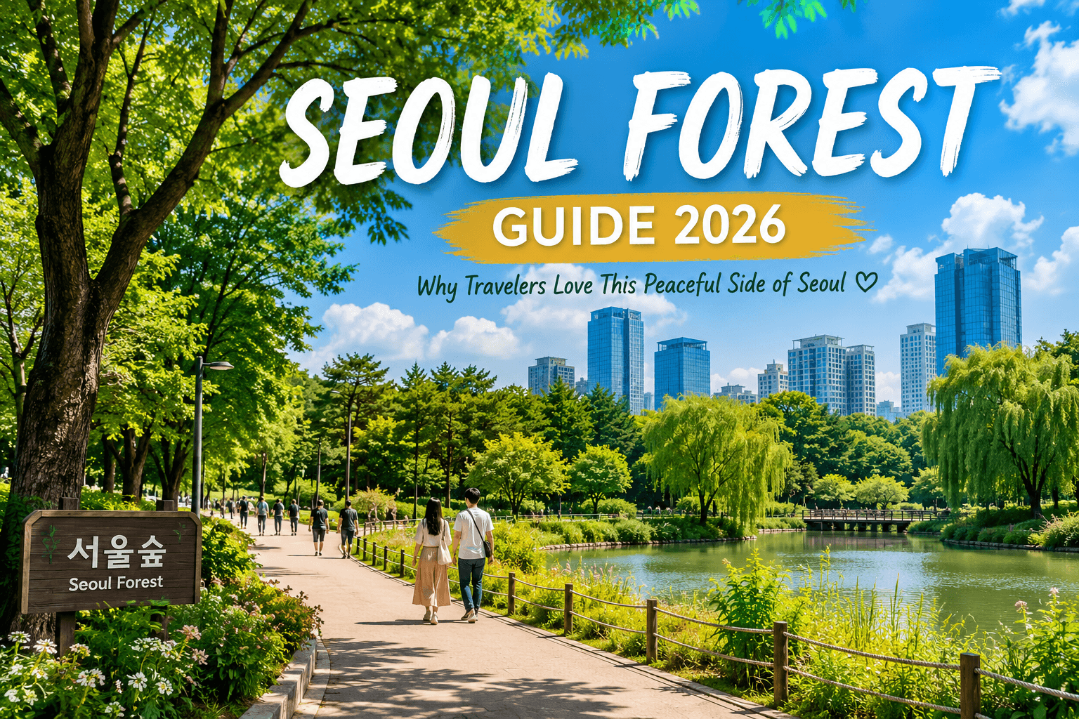 Seoul Forest park landscape with walking paths and city skyline in Seoul