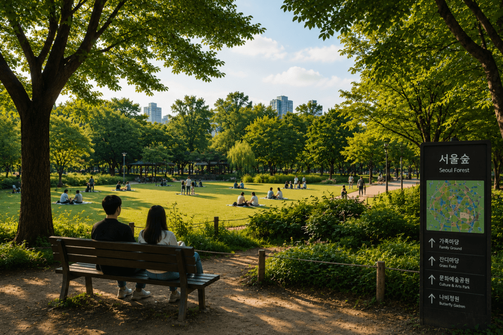 Relaxing at Seoul Forest People relaxing on a sunny afternoon in Seoul Forest