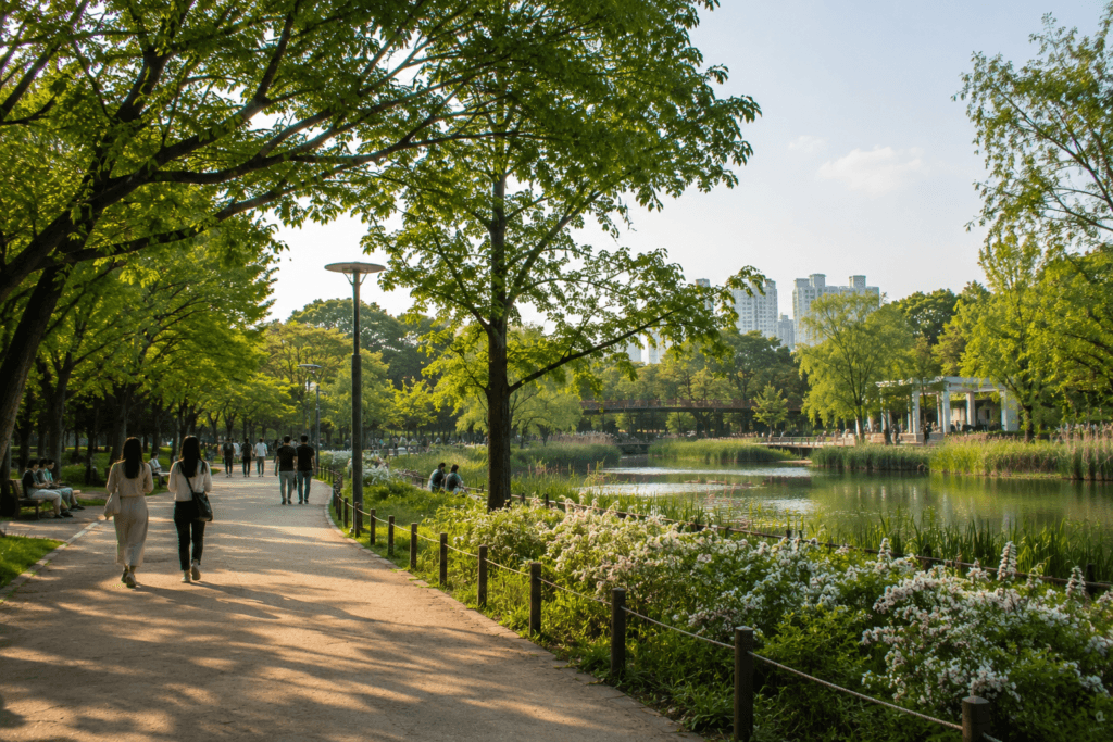 Seoul Forest near Seongsu-dong with walking paths, trees, pond, and relaxed visitors in warm sunlight