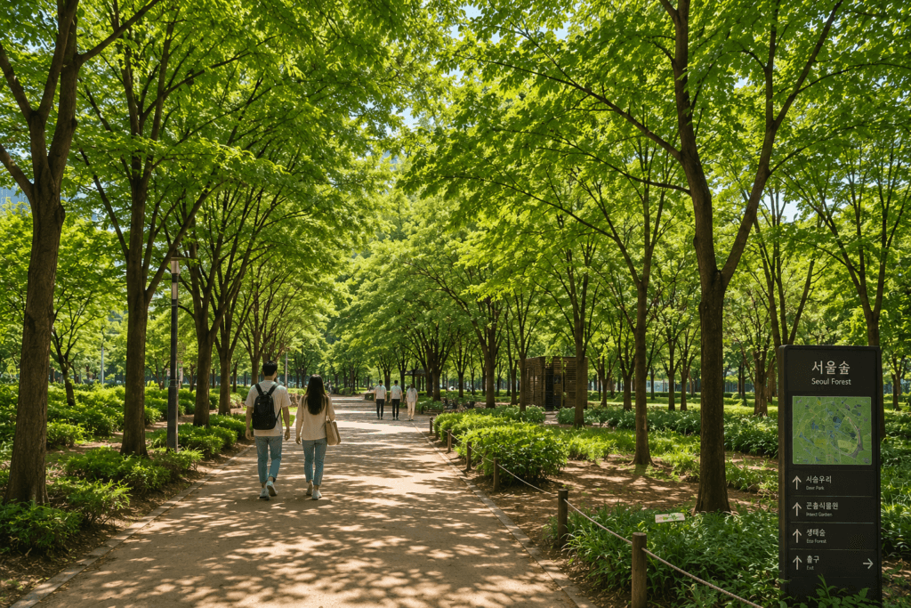 Walking Through Seoul Forest Tree-lined walking path inside Seoul Forest