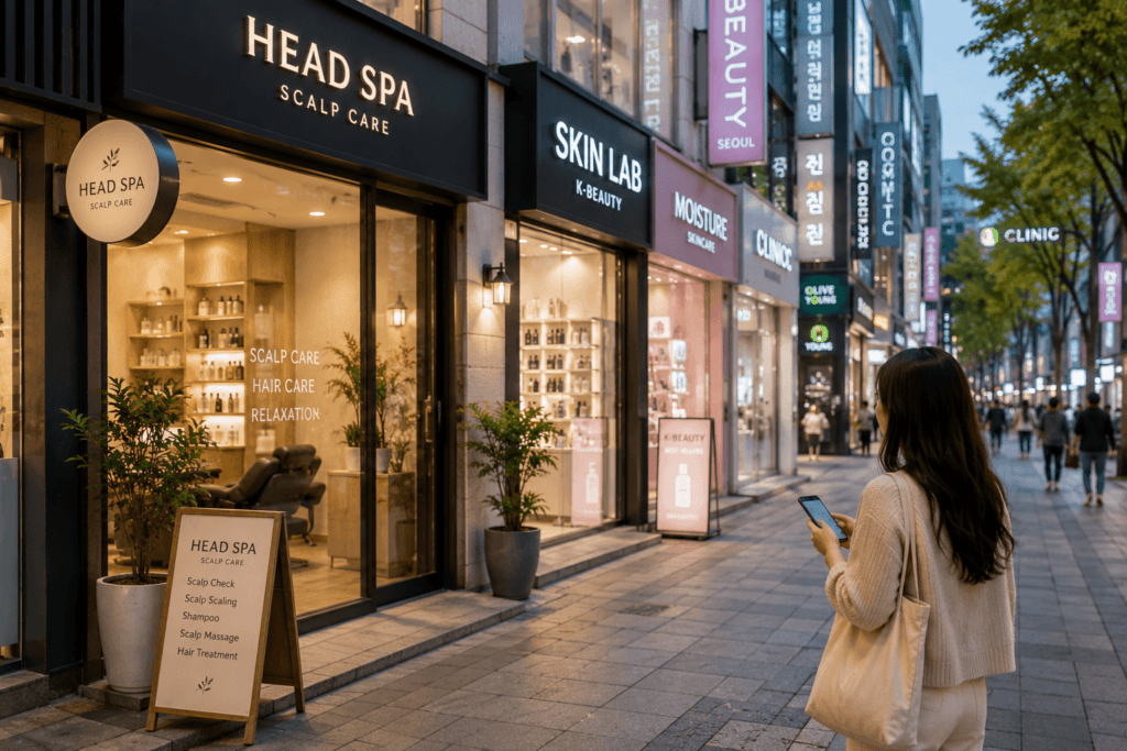 Seoul beauty street with modern head spa salon, K-beauty shops and a traveler checking a phone map