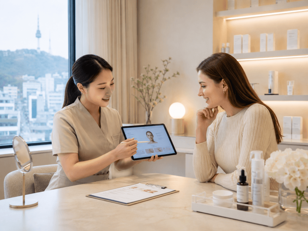 Seoul K-Beauty Clinic Consultation Traveler having a skincare consultation at a modern K-beauty clinic in Seoul