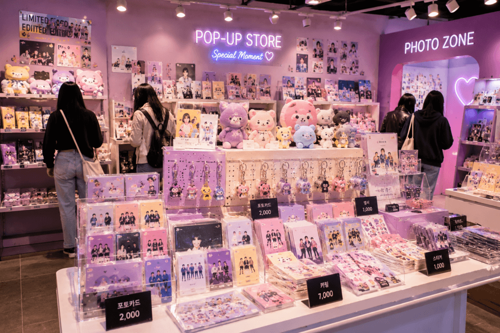 Seoul pop-up store with K-pop-inspired merchandise, character-style plush toys, photo cards, keychains and photo zone