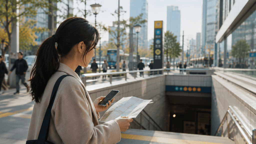 Traveler checking a Seoul subway map while choosing the best neighborhood to stay