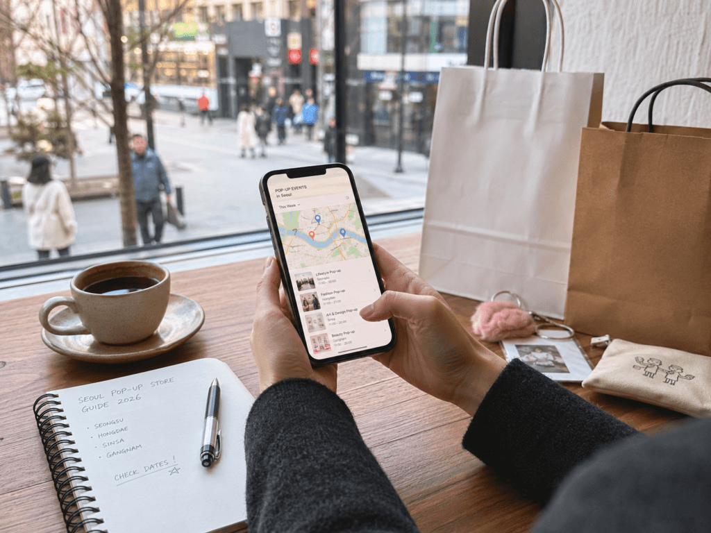 Traveler checking Seoul pop-up store events on a smartphone map at a cafe table with shopping bags, coffee and notebook