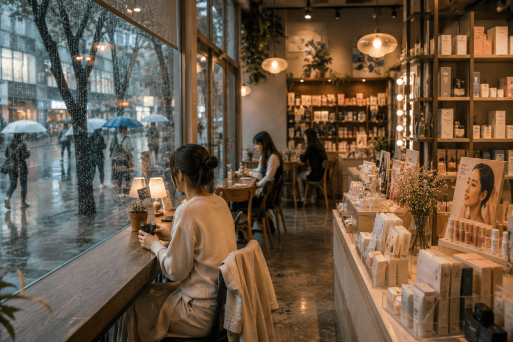 Cafe window in Seoul on a rainy day