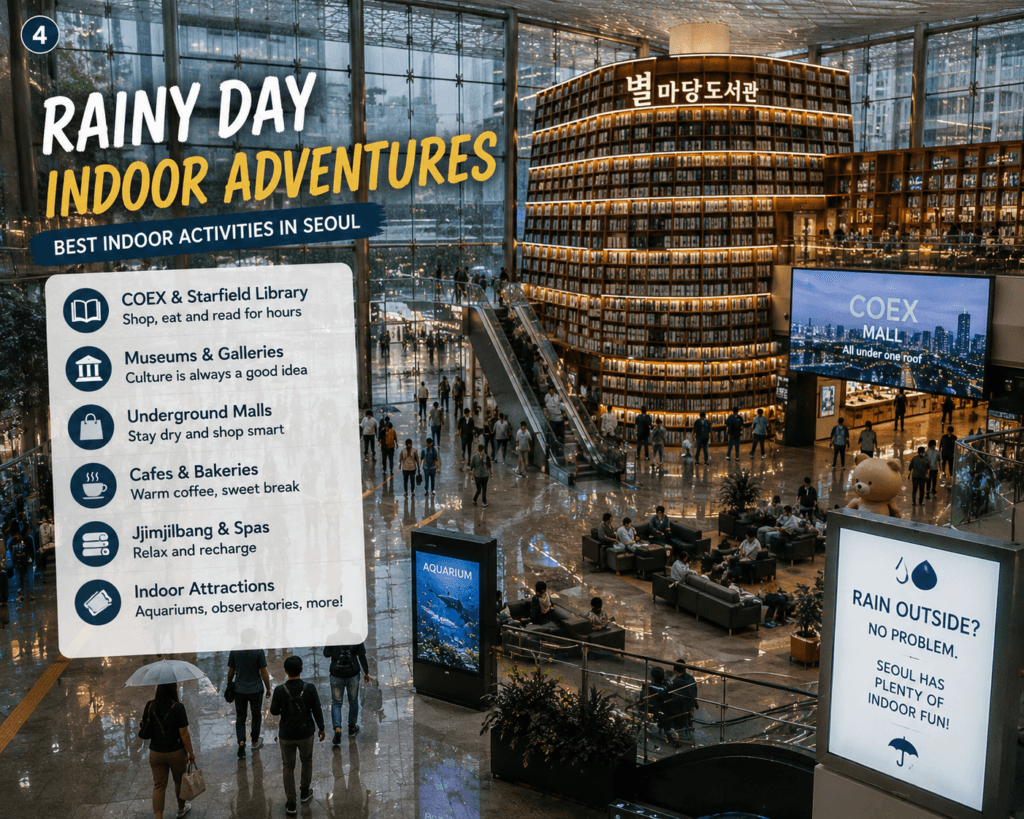 Indoor activities in Seoul during rainy season with COEX mall and library style interior