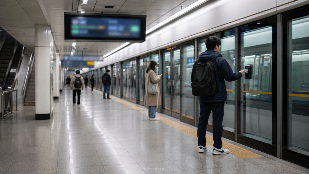 Affordable Seoul Subway Transportation Traveler using a transit card on a modern Seoul subway platform with blurred destination displays