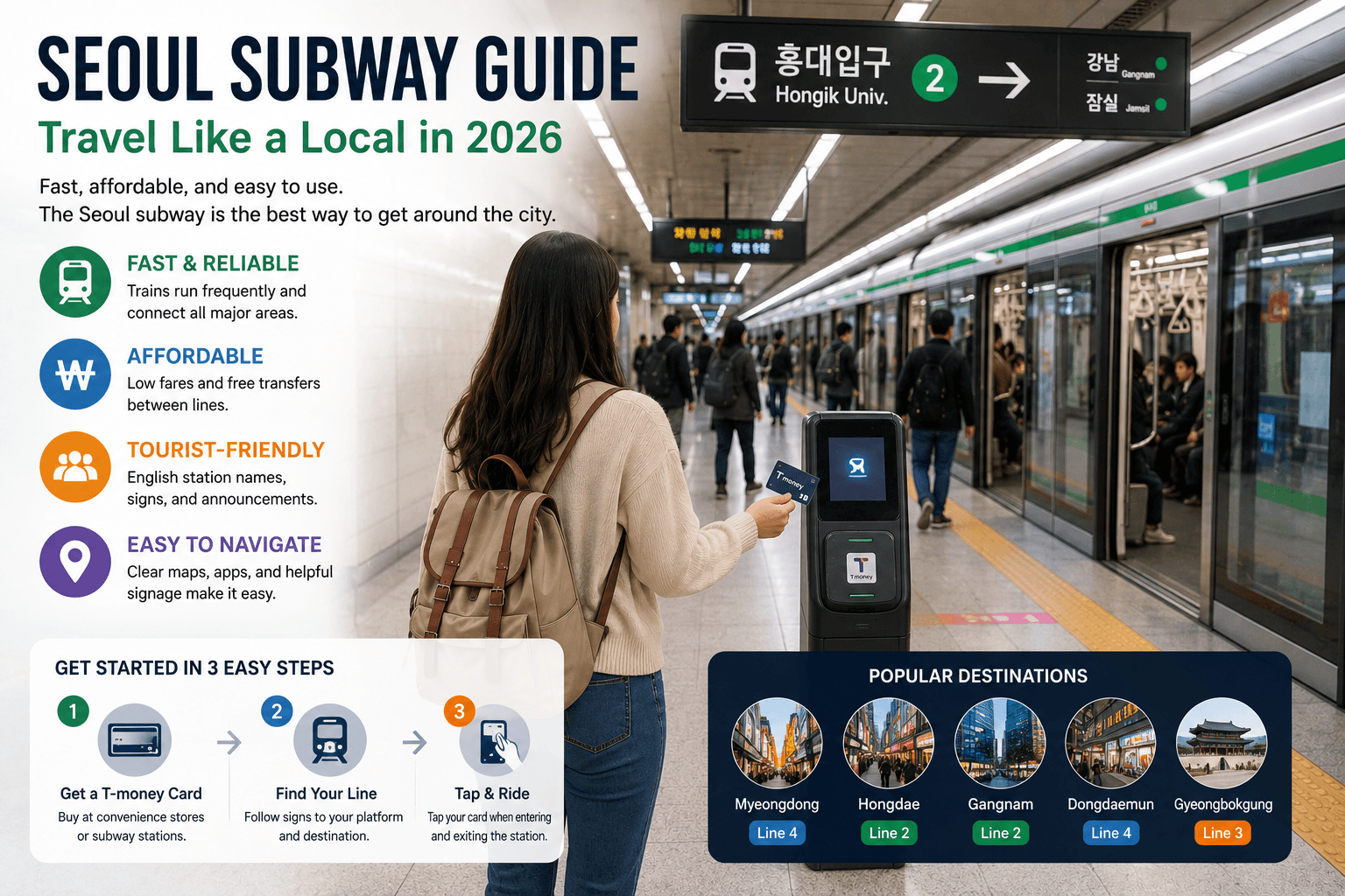 Seoul Subway Guide 2026 showing a traveler using a T-money card at a subway station