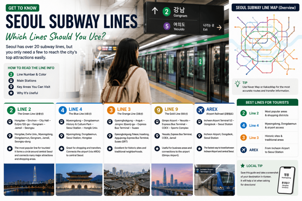 Overview of Seoul subway lines including Line 2, Line 3, Line 4 and AREX
