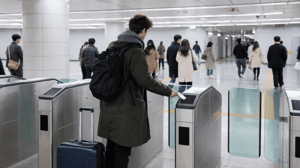 International traveler using a transportation card at a Seoul subway gate with a suitcase