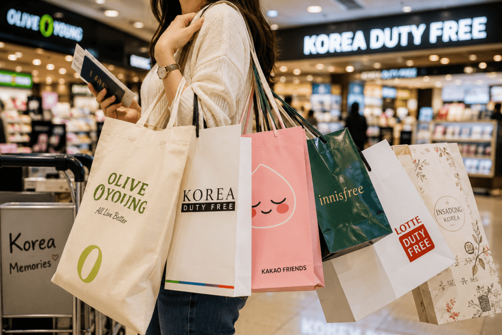 Shopping for Souvenirs in Korea Traveler carrying shopping bags filled with Korean souvenirs before departing Korea