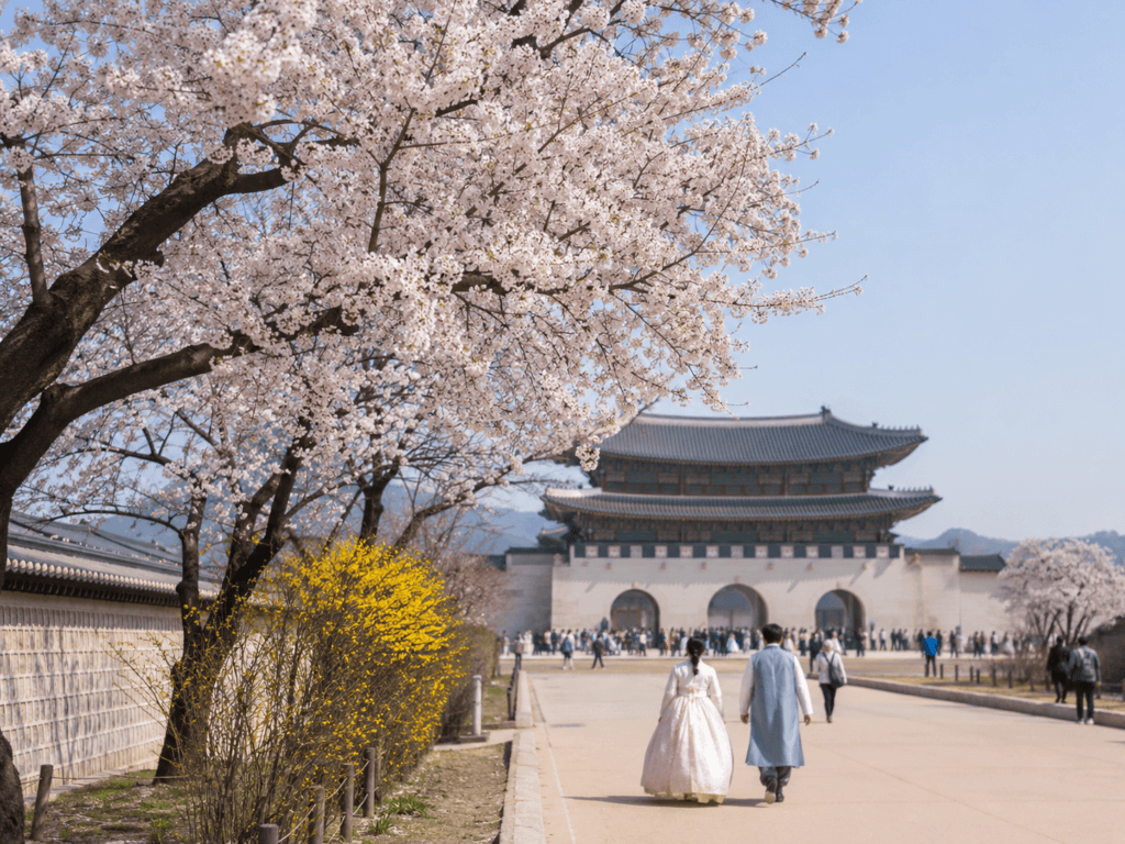 Spring in Korea Cherry Blossoms Spring in Korea with cherry blossoms near Gyeongbokgung Palace and travelers wearing hanbok