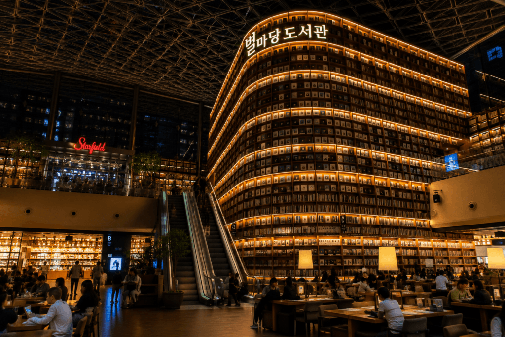 Starfield Library at Night Starfield Library illuminated at night inside COEX Mall