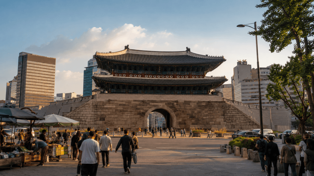 Sungnyemun Gate near Namdaemun Market in Seoul with modern city buildings and warm afternoon light