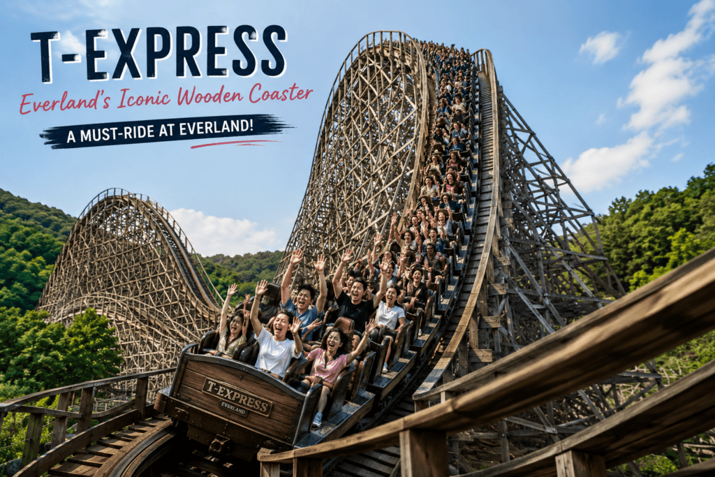 T-Express wooden roller coaster at Everland with riders descending a steep drop
