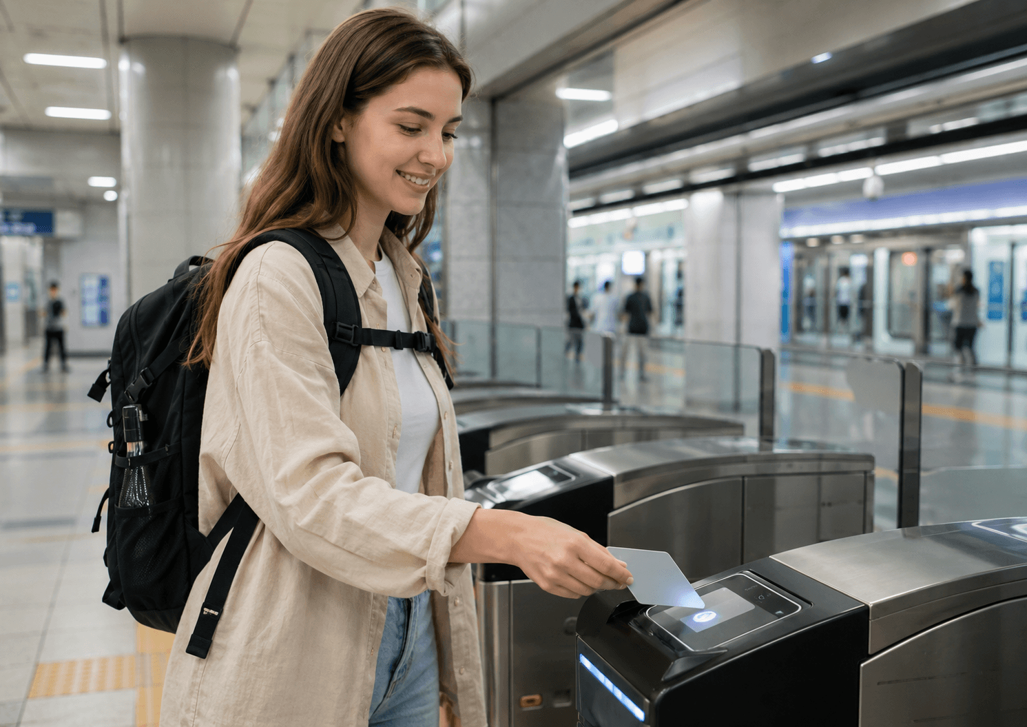 Traveler using a T-money card at a Seoul subway gate in South Korea