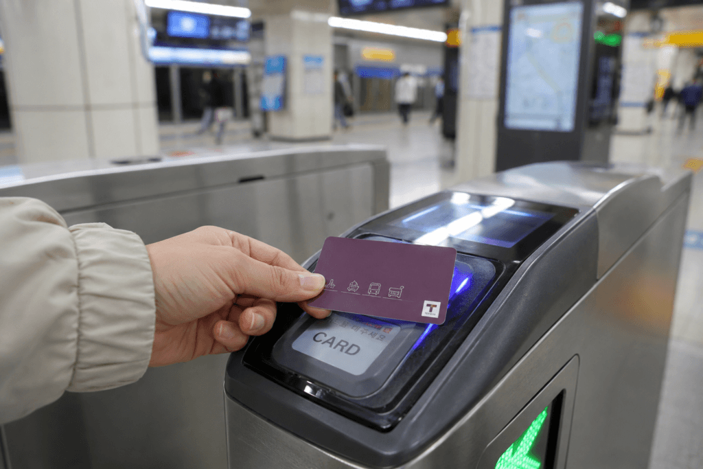 Close-up of a T-money style card being tapped at a subway gate in Korea