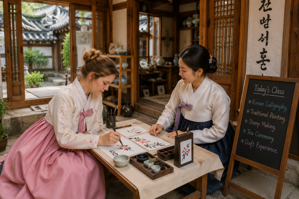 Visitors participating in a traditional Korean cultural workshop in Bukchon