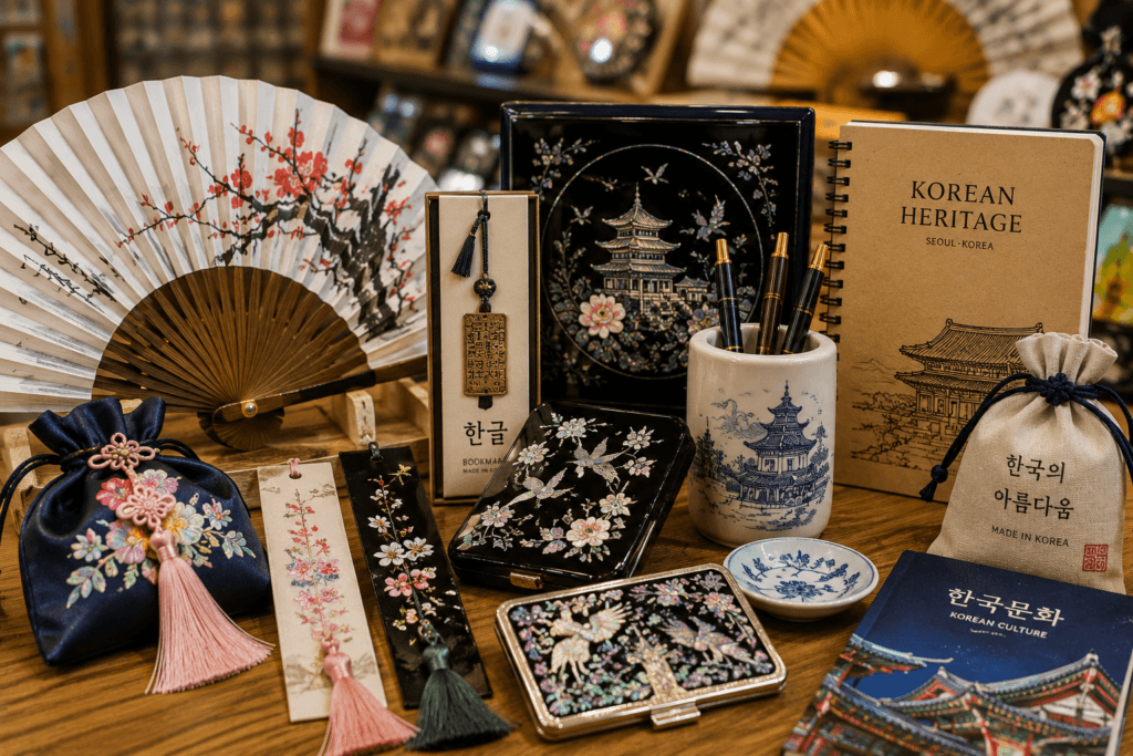 Traditional Korean Souvenirs Traditional Korean souvenirs including mother-of-pearl crafts, fans, and cultural gifts