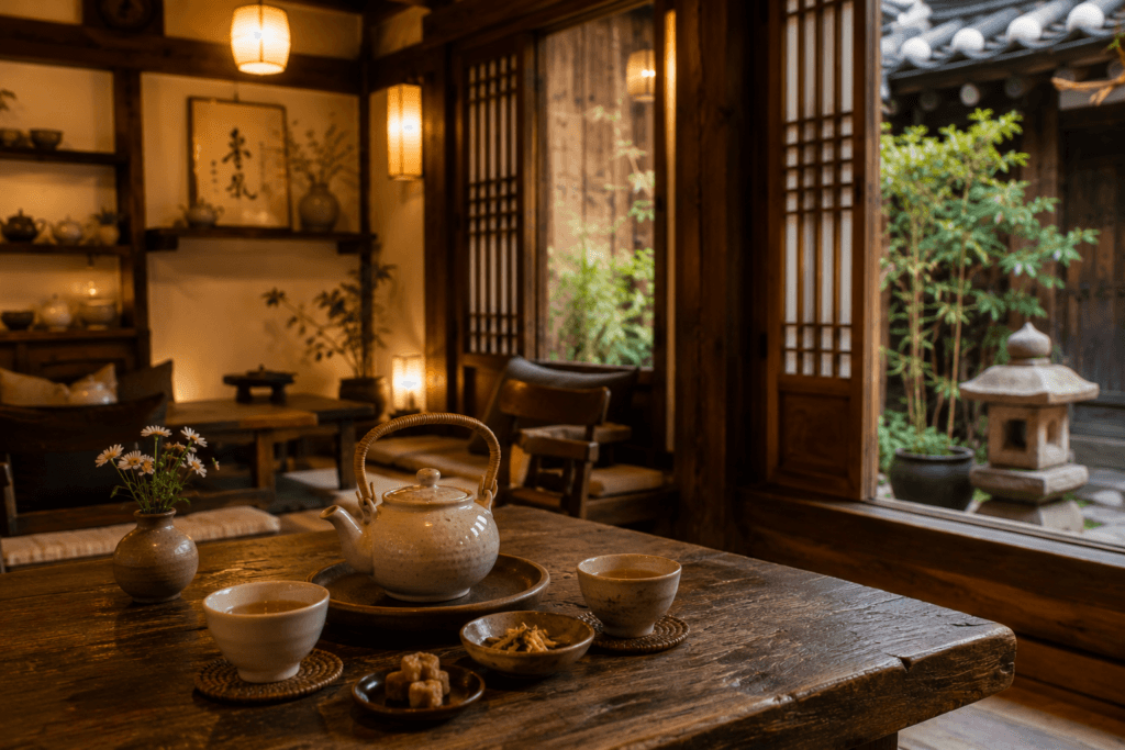 Traditional Korean tea house interior in Insadong with tea cups, wooden table, and warm lighting