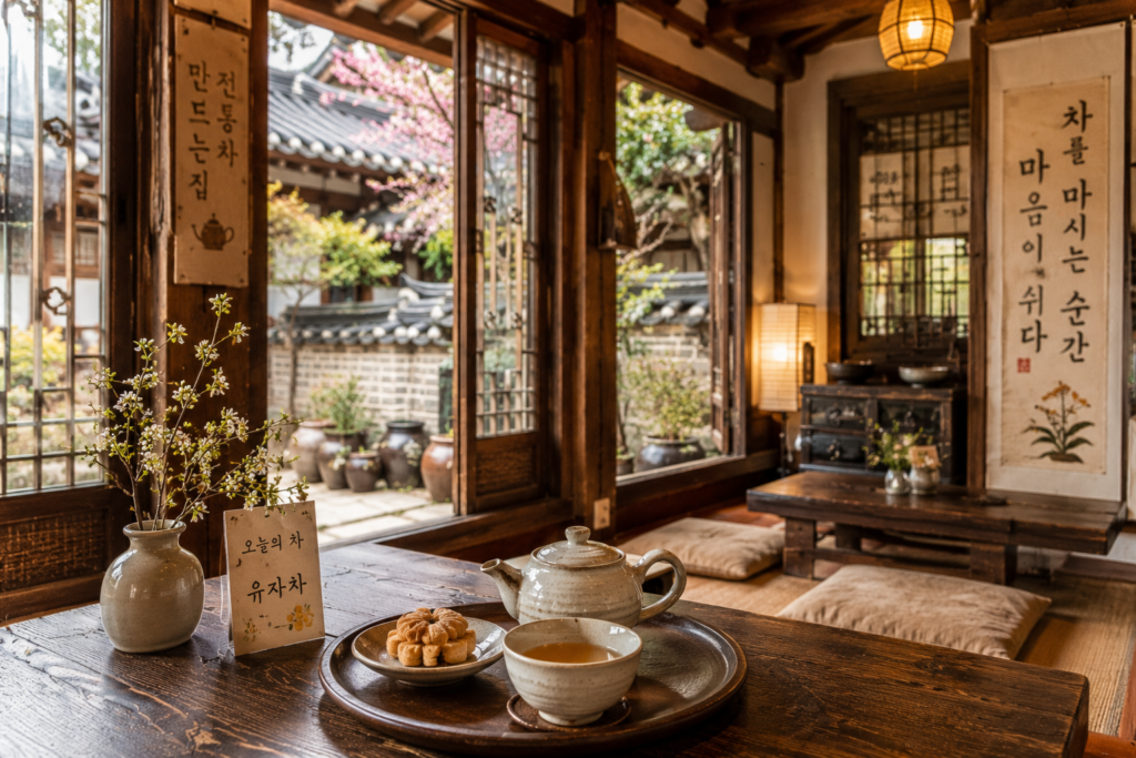 Traditional Korean tea house interior in Insadong Seoul