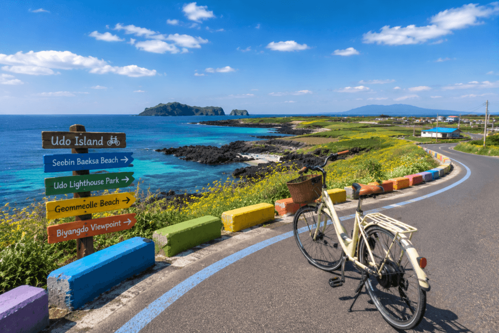 Cycling route along the scenic coastline of Udo Island