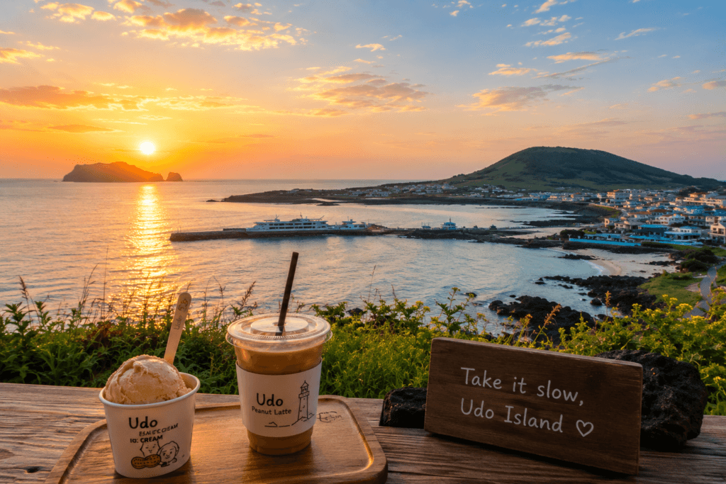 Udo peanut ice cream and peanut latte with sunset ocean views