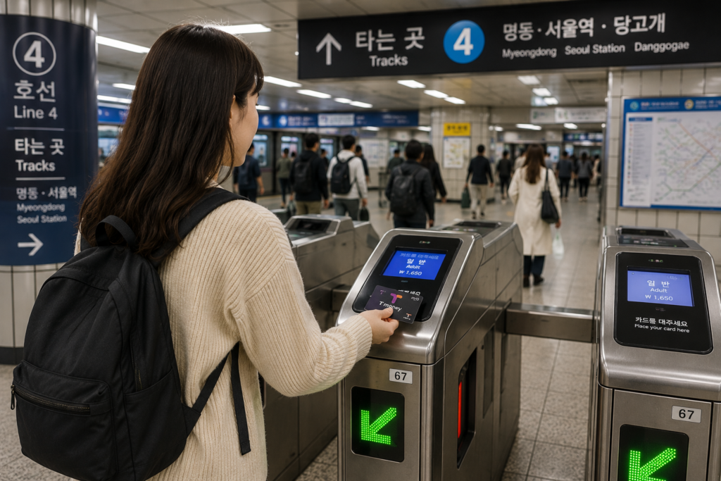 Using a T-money card at a Seoul subway station gate