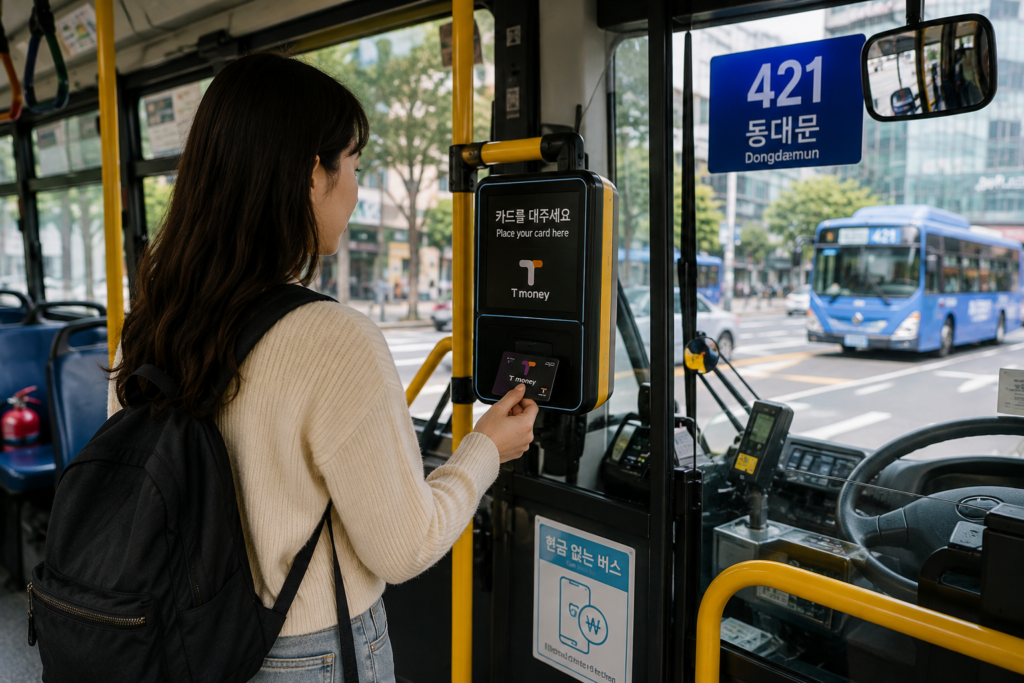 Tourist tapping a T-money card on a city bus in South Korea