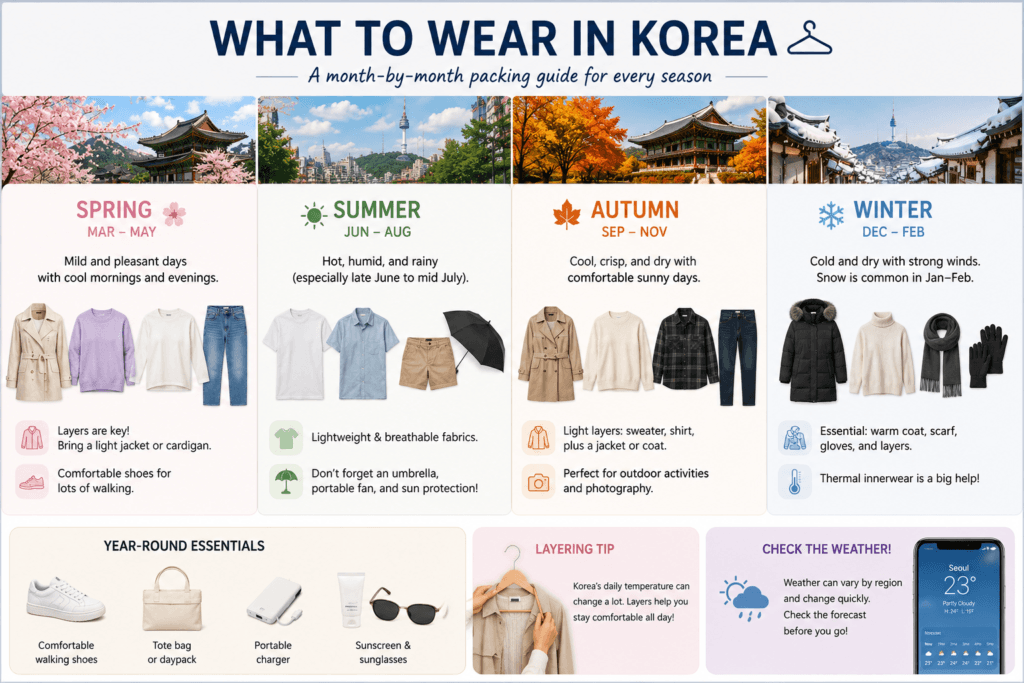 Seasonal clothing guide showing what travelers should wear in Korea throughout the year