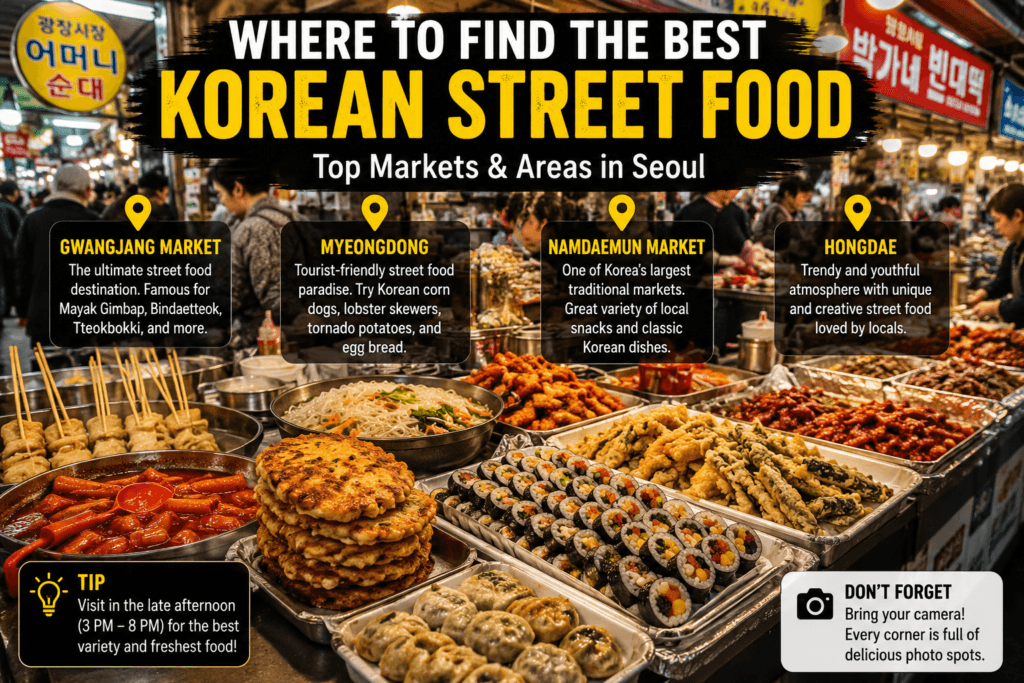 Popular Korean street food markets including Gwangjang Market Myeongdong Namdaemun and Hongdae