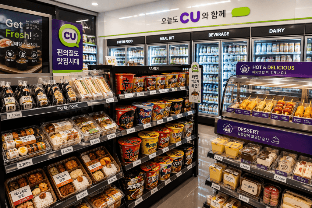 Popular Korean convenience store foods including kimbap dosirak ramen tteokbokki sandwiches and hot bar