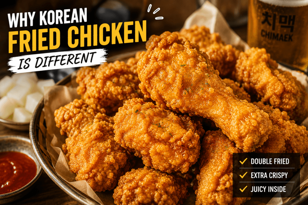 Crispy Korean fried chicken showing double fried texture and juicy meat